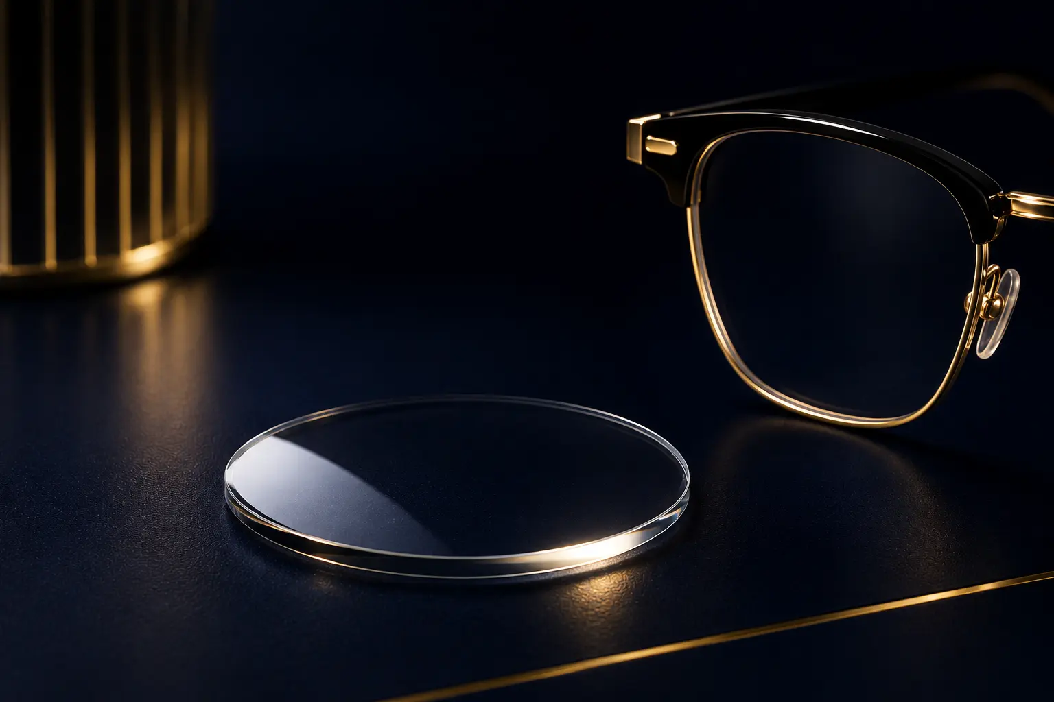 Premium optical lens with luxury eyeglasses frame on a navy blue background by Eye Valley