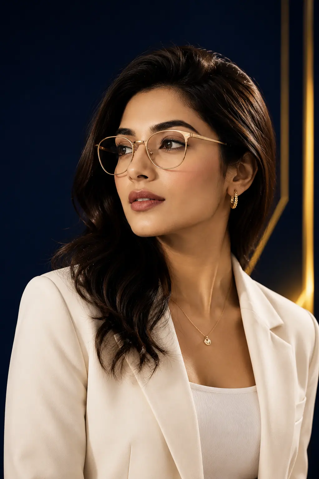 Stylish Bangladeshi woman wearing premium gold frame eyeglasses with elegant fashion look by Eye Valley