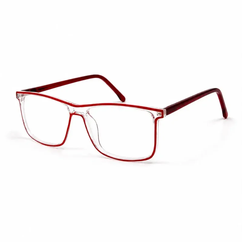 Optical EV2K-0004 Classic Rectangle Full Rim Eyeglasses in Clear Red with a bright red inner line, crystal front and glossy red acetate temples