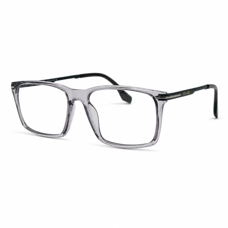 Optical EV2K-0032 Sleek Rectangle Eyeglasses for Men in Crystal Grey with transparent flat-top acetate front, slim black metal temples and silver striped hinge accents
