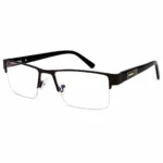 A pair of rectangular, semi-rimless eyeglasses featuring a dark brown top brow bar, clear nose pads, and wide black temples with textured metallic side accents, displayed on a plain white background.