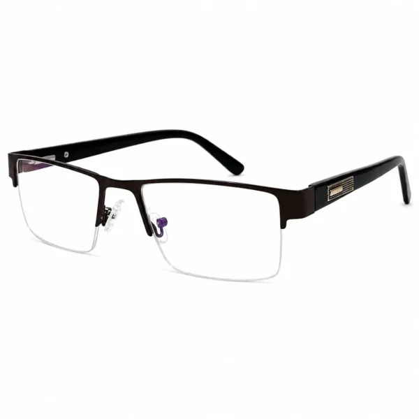 A pair of rectangular, semi-rimless eyeglasses featuring a dark brown top brow bar, clear nose pads, and wide black temples with textured metallic side accents, displayed on a plain white background.