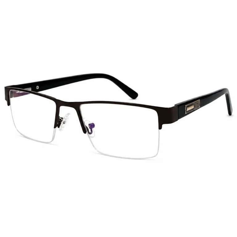 A pair of rectangular, semi-rimless eyeglasses featuring a dark brown top brow bar, clear nose pads, and wide black temples with textured metallic side accents, displayed on a plain white background.