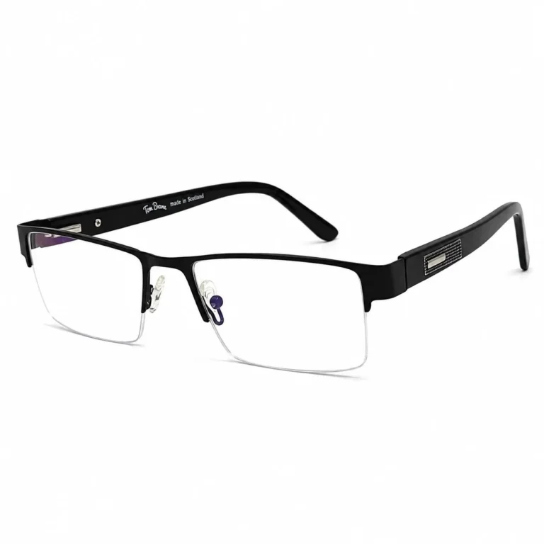 A pair of rectangular, semi-rimless eyeglasses featuring a glossy black top brow bar, clear nose pads, and wide black temples with textured metallic side accents, displayed on a plain white background.