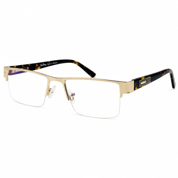 A pair of rectangular, semi-rimless eyeglasses featuring a metallic gold top brow bar, clear nose pads, and dark tortoiseshell wide temples with textured metallic side accents, displayed on a plain white background.