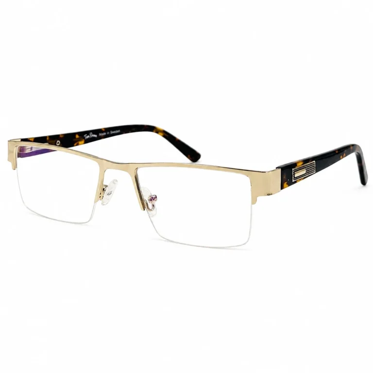 A pair of rectangular, semi-rimless eyeglasses featuring a metallic gold top brow bar, clear nose pads, and dark tortoiseshell wide temples with textured metallic side accents, displayed on a plain white background.