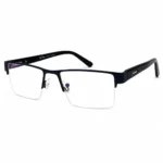 A pair of rectangular, semi-rimless eyeglasses featuring a matte dark blue or gunmetal top brow bar, clear nose pads, and wide black temples with textured metallic side accents, displayed on a plain white background.