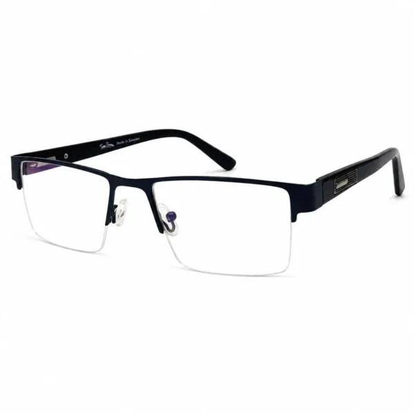 A pair of rectangular, semi-rimless eyeglasses featuring a matte dark blue or gunmetal top brow bar, clear nose pads, and wide black temples with textured metallic side accents, displayed on a plain white background.