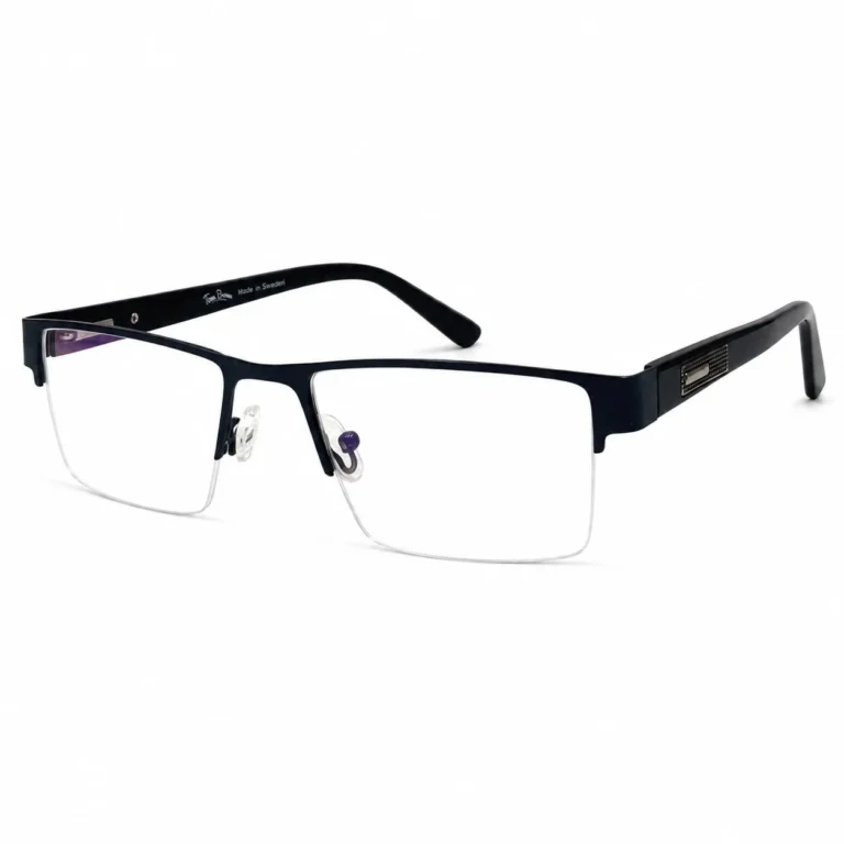 A pair of rectangular, semi-rimless eyeglasses featuring a matte dark blue or gunmetal top brow bar, clear nose pads, and wide black temples with textured metallic side accents, displayed on a plain white background.