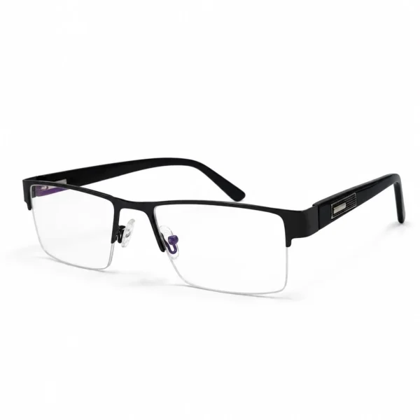 A pair of rectangular, semi-rimless eyeglasses featuring a matte black top brow bar, clear nose pads, and wide black temples with textured metallic side accents, displayed on a plain white background.