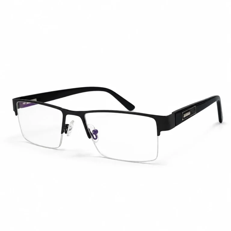A pair of rectangular, semi-rimless eyeglasses featuring a matte black top brow bar, clear nose pads, and wide black temples with textured metallic side accents, displayed on a plain white background.