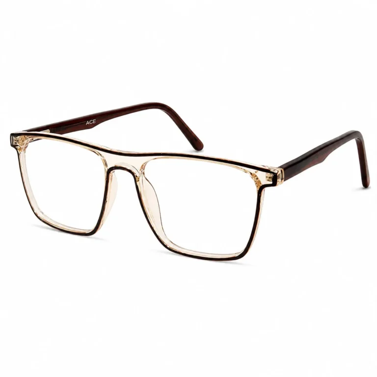 Optical EV2K-0003 Flat-Top Rectangle Full Rim Eyeglasses in Champagne Brown with a warm champagne front, dark brown inner line and brown temples
