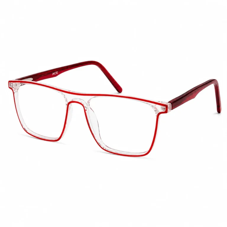 Optical EV2K-0003 Flat-Top Rectangle Full Rim Eyeglasses in Clear Red with a bright red inner line and red acetate temples