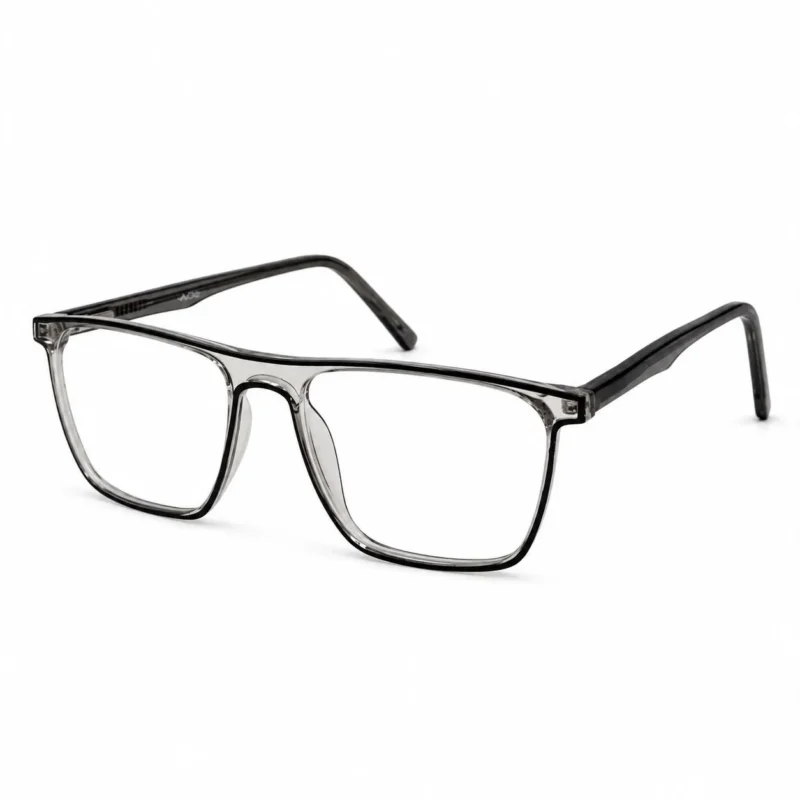 Optical EV2K-0003 Flat-Top Rectangle Full Rim Eyeglasses in Crystal Grey with a smoky grey front, black inner line and translucent grey temples