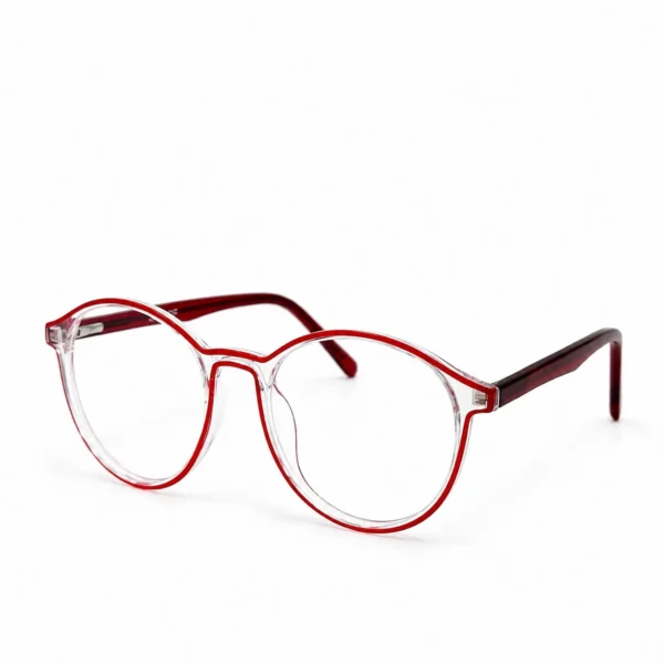 A pair of round, transparent clear acetate eyeglasses featuring vibrant red rim accents and deep maroon temples, displayed on a plain white background.