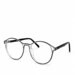 A pair of round, transparent clear acetate eyeglasses featuring bold black rim accents and solid black temples, displayed on a plain white background.