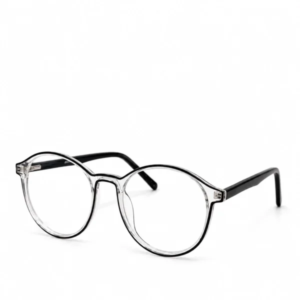 A pair of round, transparent clear acetate eyeglasses featuring bold black rim accents and solid black temples, displayed on a plain white background.
