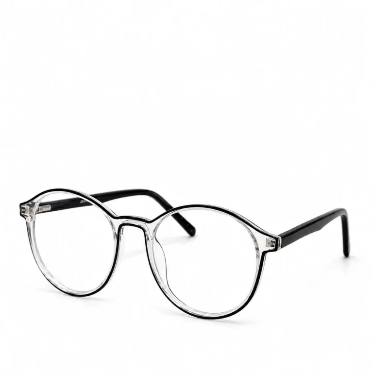 A pair of round, transparent clear acetate eyeglasses featuring bold black rim accents and solid black temples, displayed on a plain white background.