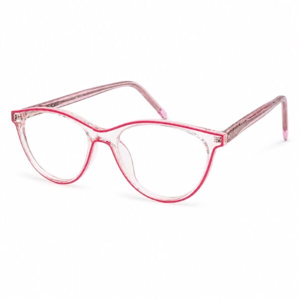 Crystal pink full rim eyeglasses with a rounded oval cat-eye front, a bright hot pink inner line, clear lenses and translucent pink acetate temples with soft pink tips, shown in a three-quarter view on a white background