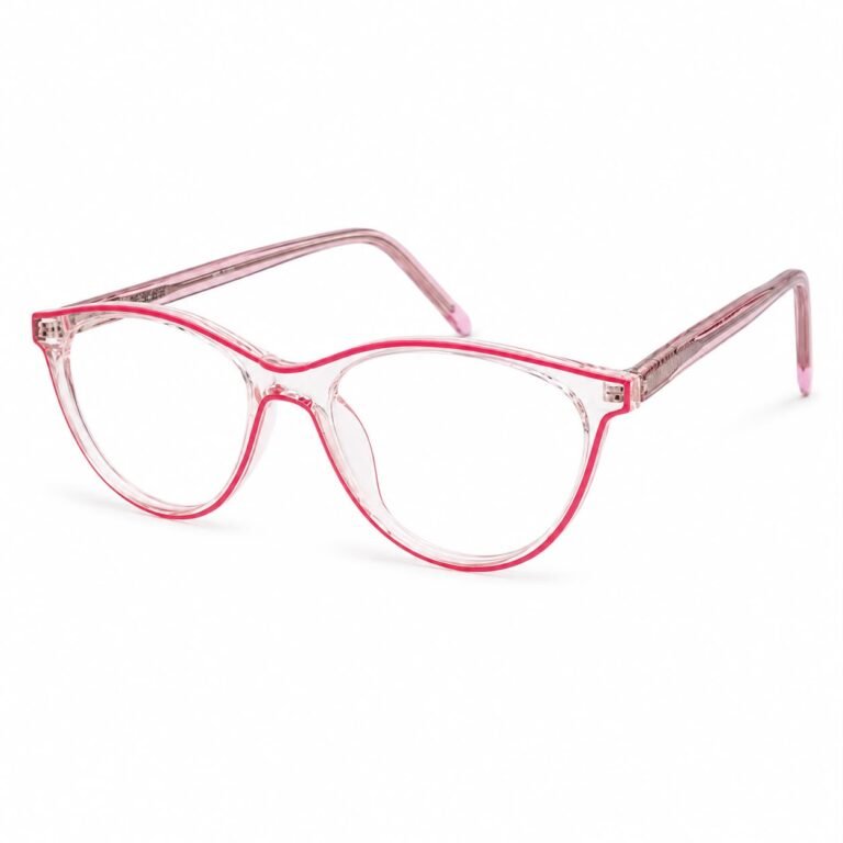 Crystal pink full rim eyeglasses with a rounded oval cat-eye front, a bright hot pink inner line, clear lenses and translucent pink acetate temples with soft pink tips, shown in a three-quarter view on a white background