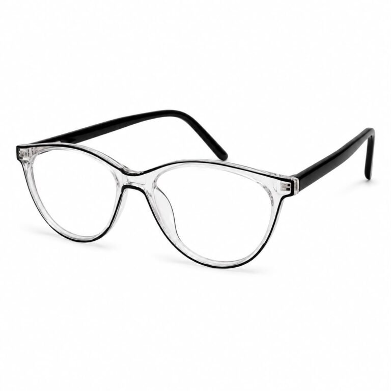 Crystal clear full rim eyeglasses with a rounded oval cat-eye front, a thin black inner line, clear lenses and glossy black acetate temples, shown in a three-quarter view on a white background