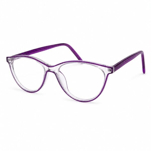 Crystal clear full rim eyeglasses with a rounded oval cat-eye front, a vivid purple inner line, clear lenses and translucent purple acetate temples with bright purple tips, shown in a three-quarter view on a white background