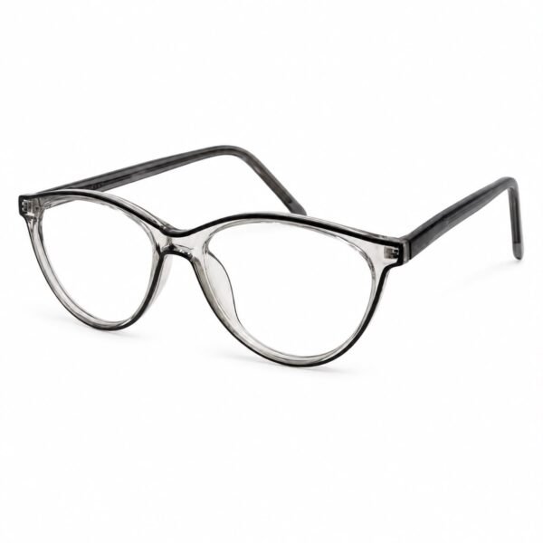 Crystal grey full rim eyeglasses with a rounded oval cat-eye front, a thin black inner line, clear lenses and translucent smoky grey acetate temples with grey tips, shown in a three-quarter view on a white background