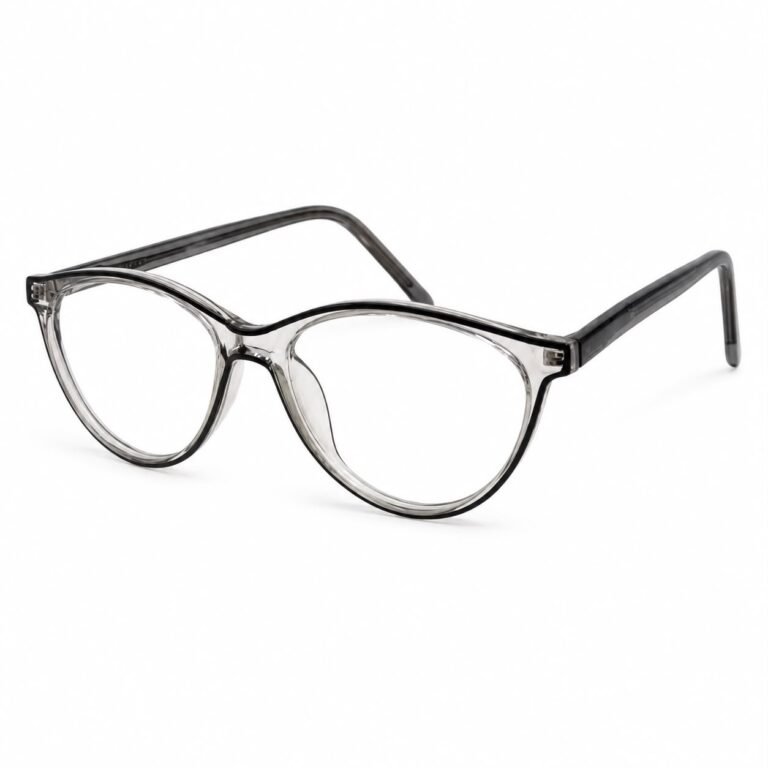 Crystal grey full rim eyeglasses with a rounded oval cat-eye front, a thin black inner line, clear lenses and translucent smoky grey acetate temples with grey tips, shown in a three-quarter view on a white background