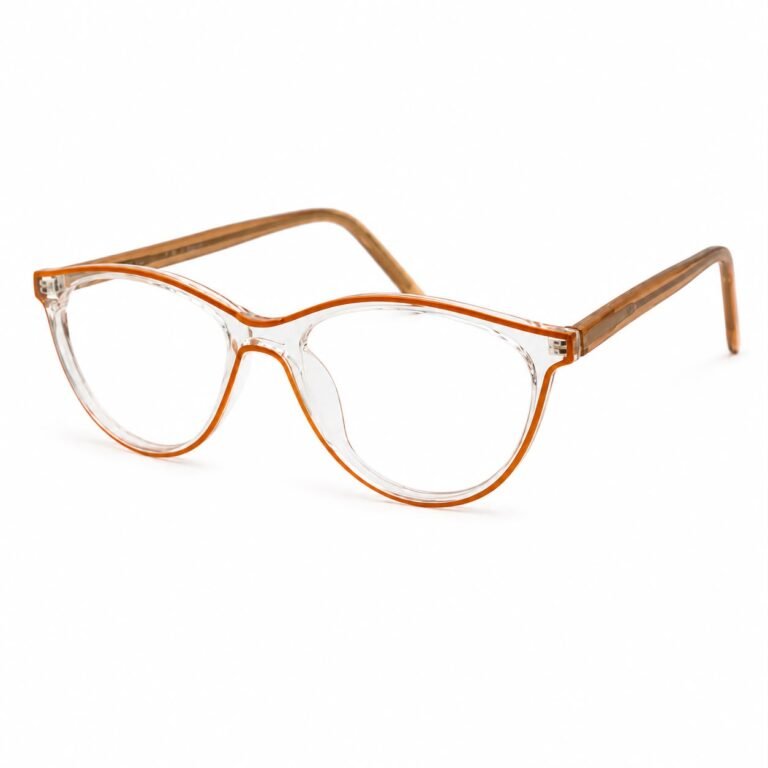 Crystal clear full rim eyeglasses with a rounded oval cat-eye front, a burnt orange inner line, clear lenses and translucent caramel brown acetate temples, shown in a three-quarter view on a white background