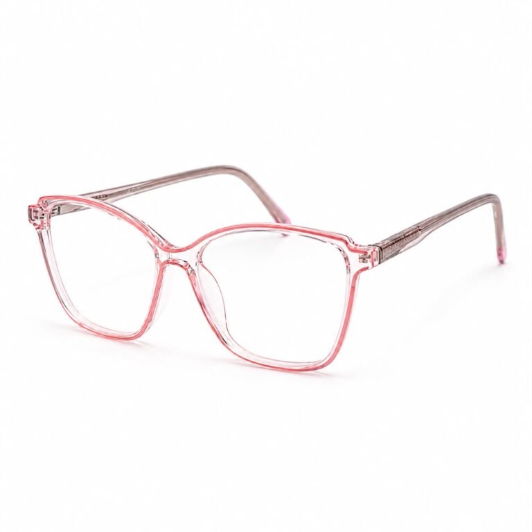 Crystal pink full rim eyeglasses with a soft butterfly cat-eye front, a pink inner line, clear lenses and translucent taupe grey acetate temples with pink tips, shown in a three-quarter view on a white background