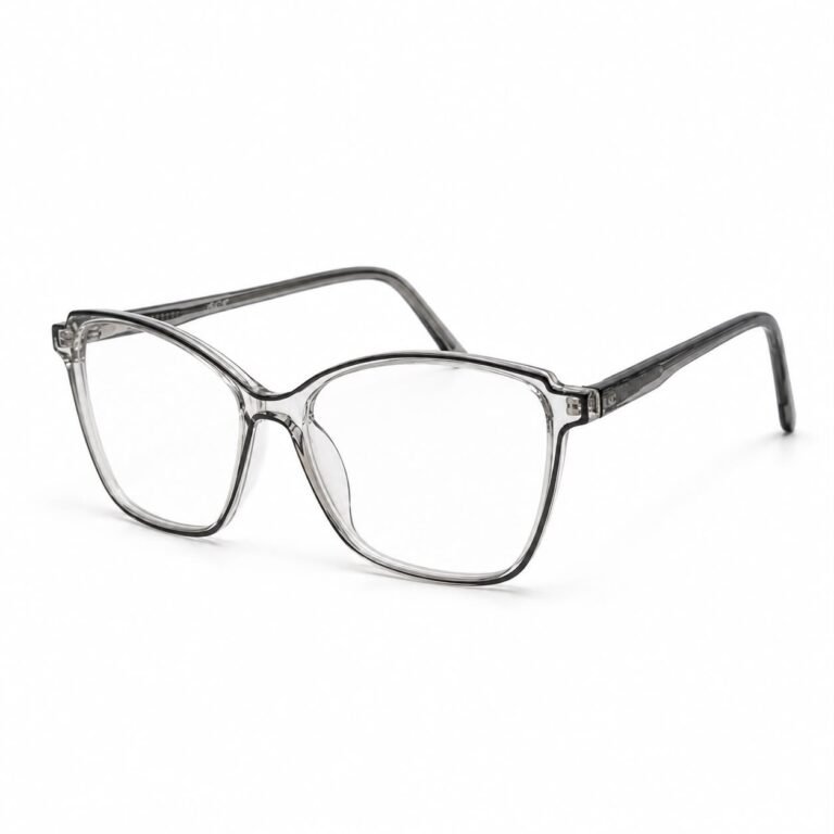 Crystal grey full rim eyeglasses with a soft butterfly cat-eye front, a thin black inner line, clear lenses and translucent smoky grey acetate temples, shown in a three-quarter view on a white background