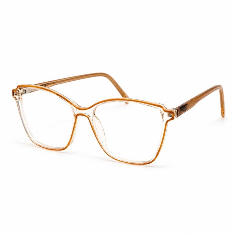 Crystal clear full rim eyeglasses with a soft butterfly cat-eye front, a caramel orange inner line, clear lenses and translucent caramel brown acetate temples, shown in a three-quarter view on a white background