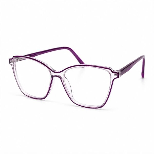 Crystal clear full rim eyeglasses with a soft butterfly cat-eye front, a vivid purple inner line, clear lenses and glossy purple acetate temples with a subtle textured pattern, shown in a three-quarter view on a white background