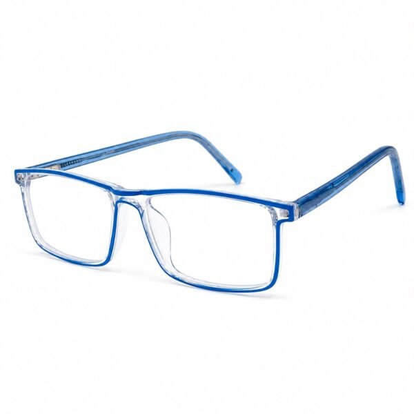 Optical EV2K-0005 Wide Rectangle Full Rim Eyeglasses in Crystal Blue with a bright blue inner line and translucent blue temples