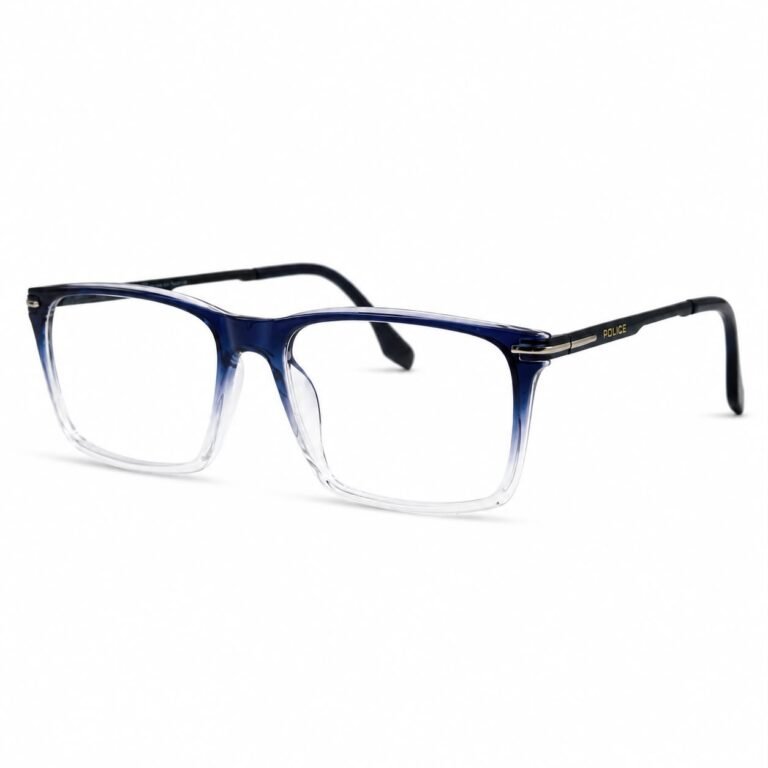 Optical EV2K-0032 Sleek Rectangle Eyeglasses for Men in Navy Clear Gradient with deep blue brow fading to a clear lower rim, dark metal temples and silver hinge accents