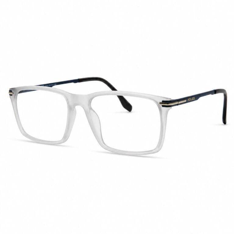 Optical EV2K-0032 Sleek Rectangle Eyeglasses for Men in Matte Frosted Clear with soft frosted acetate front, navy blue metal temples and gold striped hinge accents