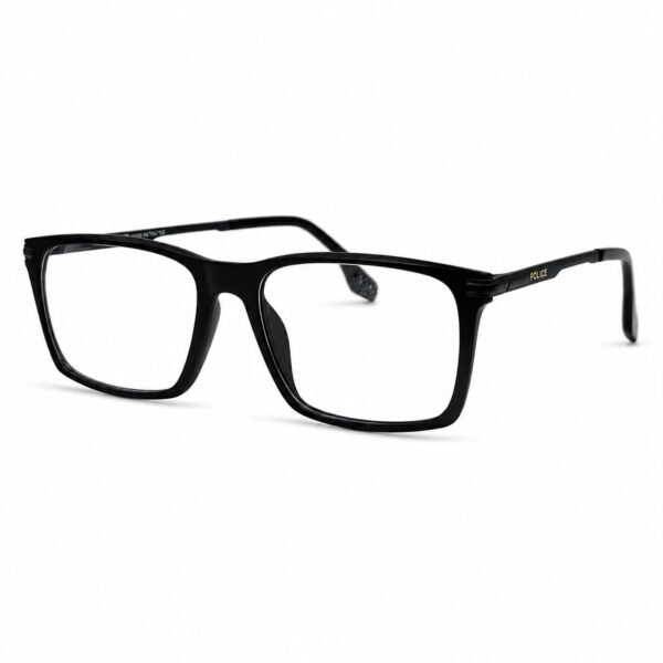 Optical EV2K-0032 Sleek Rectangle Eyeglasses for Men in Glossy Black with high-shine acetate front, slim black metal temples and silver striped hinge accents