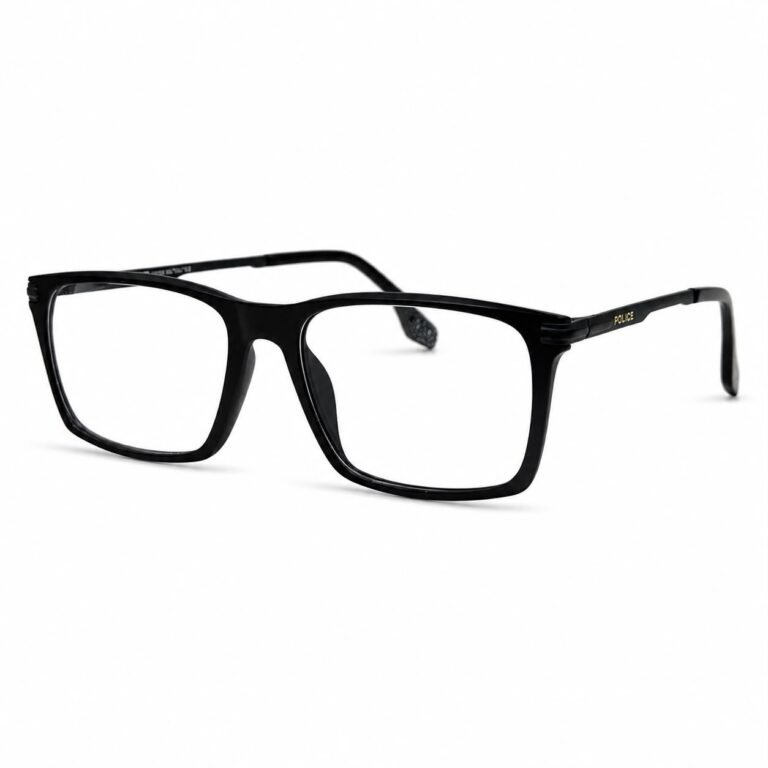 Optical EV2K-0032 Sleek Rectangle Eyeglasses for Men in Glossy Black with high-shine acetate front, slim black metal temples and silver striped hinge accents