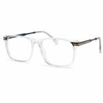 Optical EV2K-0032 Sleek Rectangle Eyeglasses for Men in Crystal Clear with transparent flat-top acetate front, slim black metal temples and silver striped hinge accents
