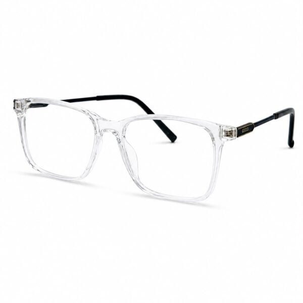 Optical EV2K-0033 Refined Rectangle Eyeglasses for Men in Crystal Clear with transparent acetate front, black metal temples and gold-trimmed hinge plate