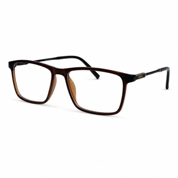 Optical EV2K-0033 Refined Rectangle Eyeglasses for Men in Crystal Brown with translucent coffee-brown acetate front, black metal temples and gold-trimmed hinge plate