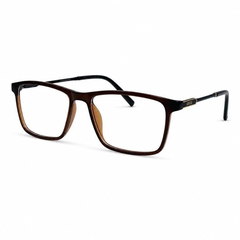 Optical EV2K-0033 Refined Rectangle Eyeglasses for Men in Crystal Brown with translucent coffee-brown acetate front, black metal temples and gold-trimmed hinge plate