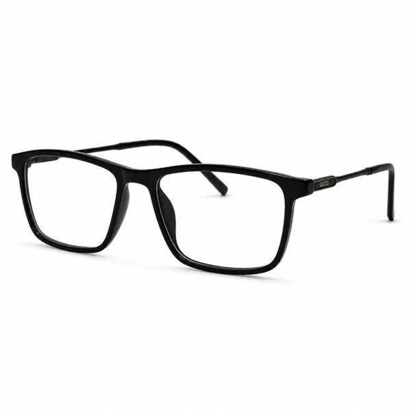 Optical EV2K-0033 Refined Rectangle Eyeglasses for Men in Glossy Black with high-shine acetate front, slim black metal temples and gold-trimmed hinge plate