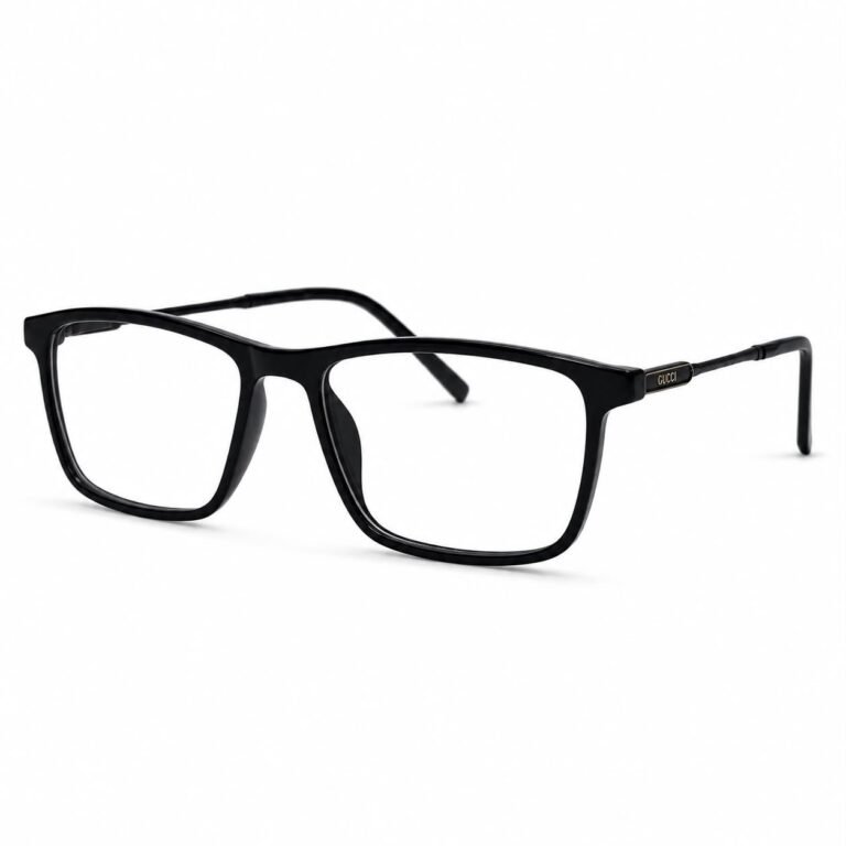 Optical EV2K-0033 Refined Rectangle Eyeglasses for Men in Glossy Black with high-shine acetate front, slim black metal temples and gold-trimmed hinge plate