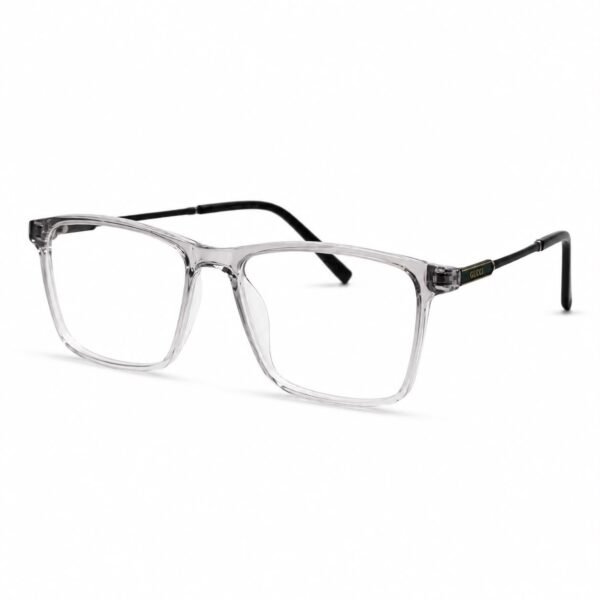 Optical EV2K-0033 Refined Rectangle Eyeglasses for Men in Crystal Grey with transparent smoky acetate front, slim black metal temples and gold-trimmed hinge plate