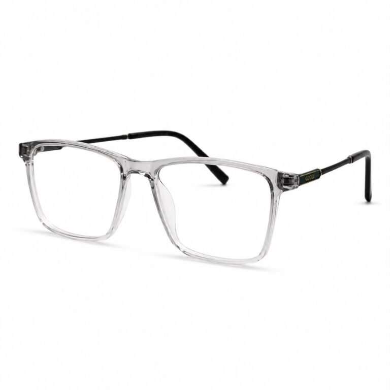 Optical EV2K-0033 Refined Rectangle Eyeglasses for Men in Crystal Grey with transparent smoky acetate front, slim black metal temples and gold-trimmed hinge plate