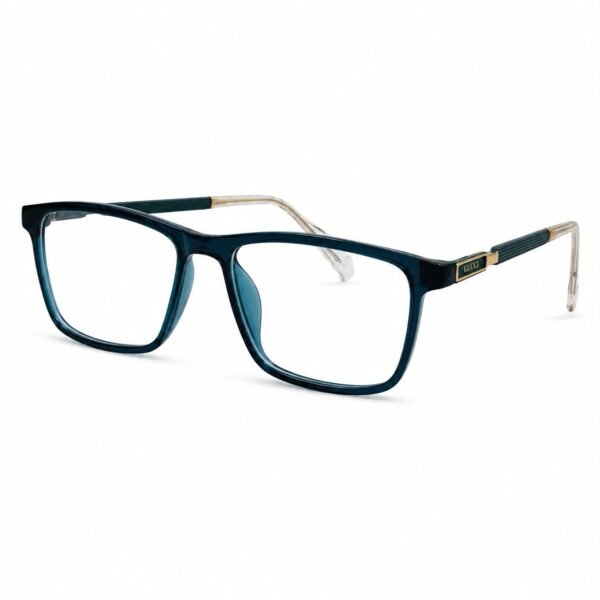 Optical EV2K-0033 Refined Rectangle Eyeglasses for Men in Crystal Teal Blue with translucent teal front, ribbed teal metal temples, gold accents and clear temple tips