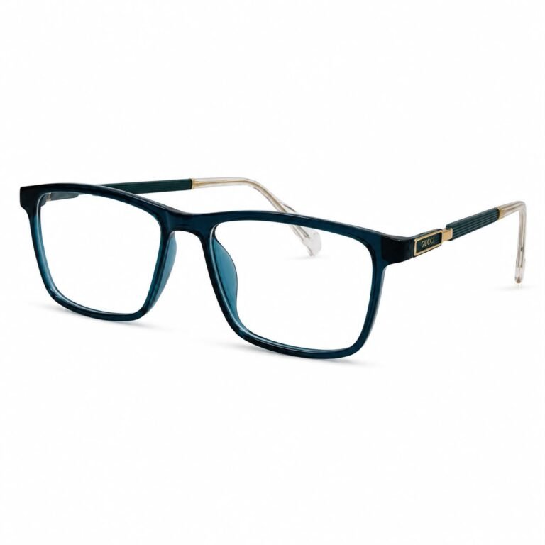 Optical EV2K-0033 Refined Rectangle Eyeglasses for Men in Crystal Teal Blue with translucent teal front, ribbed teal metal temples, gold accents and clear temple tips