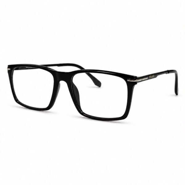 Optical EV2K-0032 Sleek Rectangle Eyeglasses for Men in Glossy Black with high-shine acetate front, slim black metal temples and silver striped hinge accents