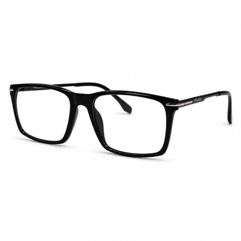 Optical EV2K-0032 Sleek Rectangle Eyeglasses for Men in Glossy Black with high-shine acetate front, slim black metal temples and silver striped hinge accents